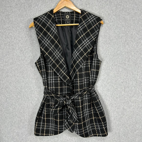 Amber Sun Jackets & Blazers - Amber Sun Belted Vest Black Gray Plaid Tweed Sleeveless Tie Waist Blazer Size XL